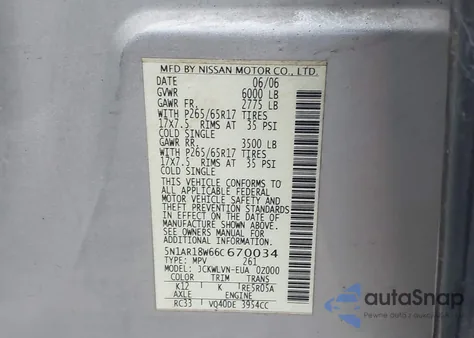 2006 Nissan Pathfinder Le из США, поврежденный, VIN 5N1AR18W66C670034